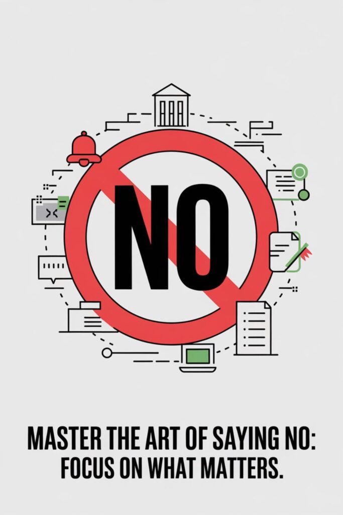 A bold _NO_ in a red circle surrounded by icons of distractions, with the text _Master the Art of Saying No