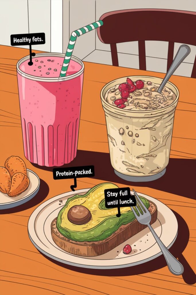 A breakfast spread with avocado toast, smoothie, and oats