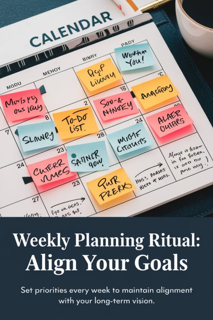 A calendar with sticky notes, to-do lists, and a coffee cup on the side