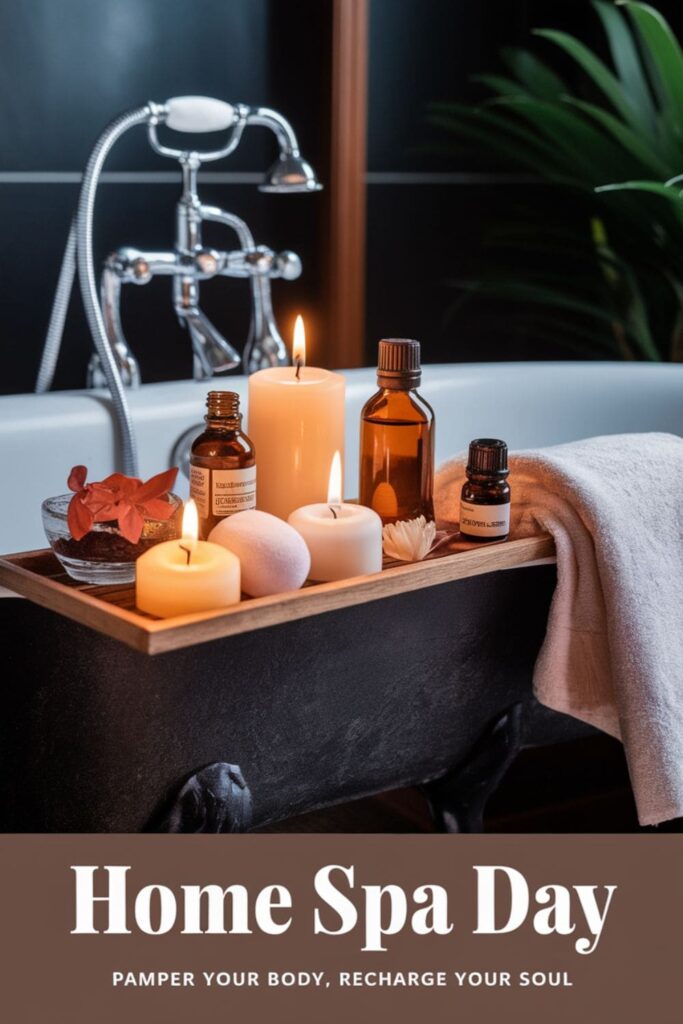 A calming bath scene with candles, essential oils, and a face mask