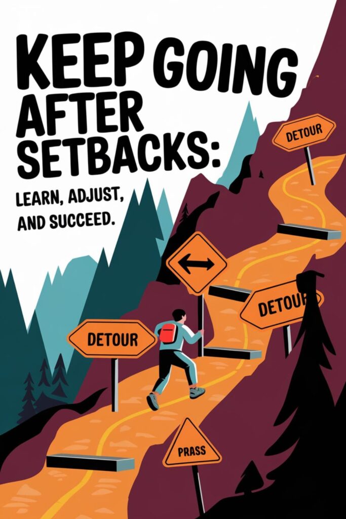 A climber overcoming obstacles on a mountain trail with the text _Keep Going After Setbacks