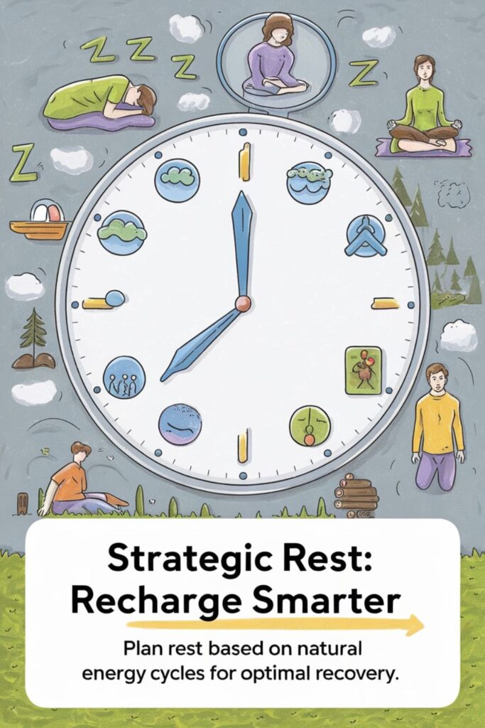 A clock showing symbols for sleep, meditation, and outdoor activities