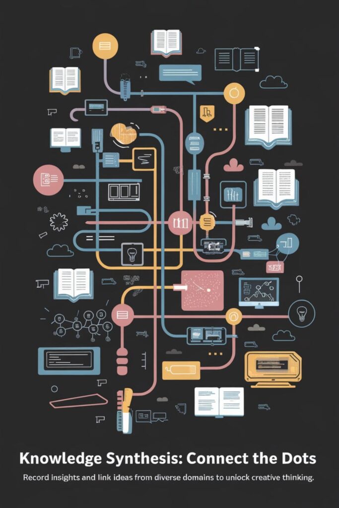 A colorful mind map connecting ideas with books and lightbulbs around
