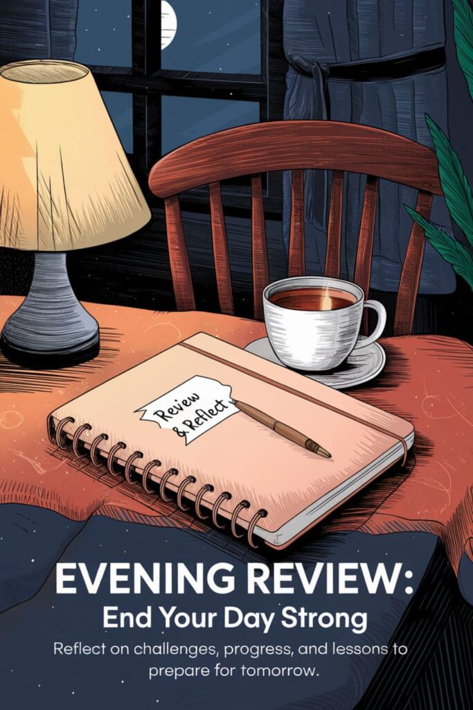 A cozy bedside table with a journal, pen, and a cup of tea
