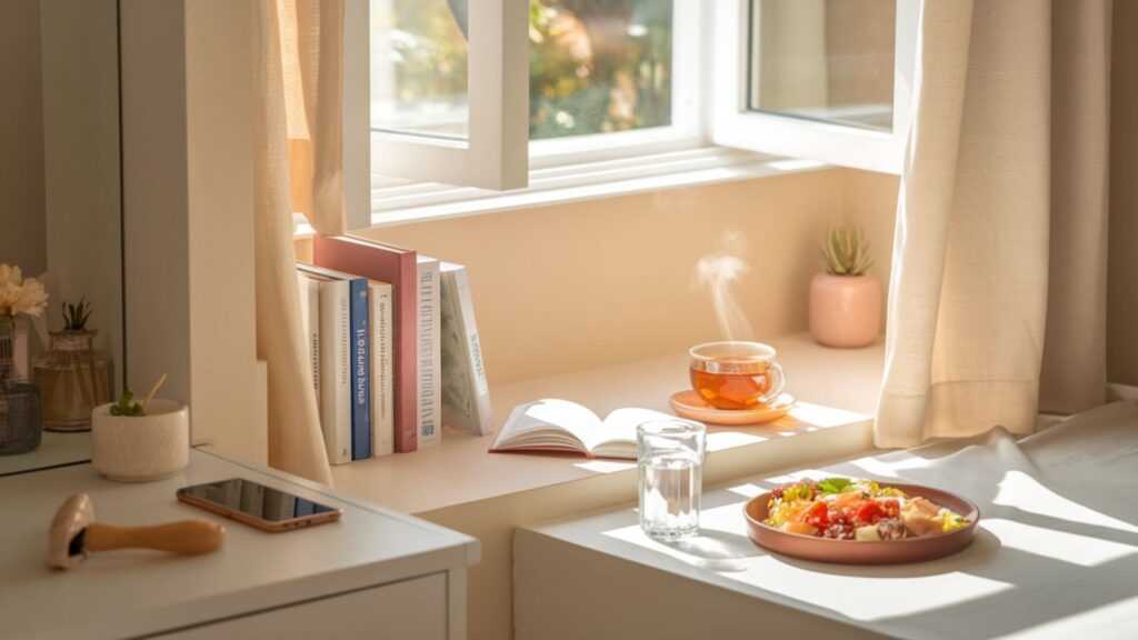 A cozy morning scene with sunlight, books, water, and a tidy space