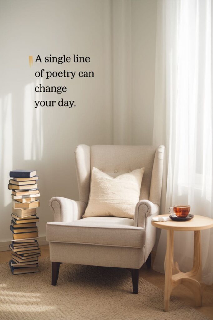 A cozy reading corner with books and a warm cup of tea by a window