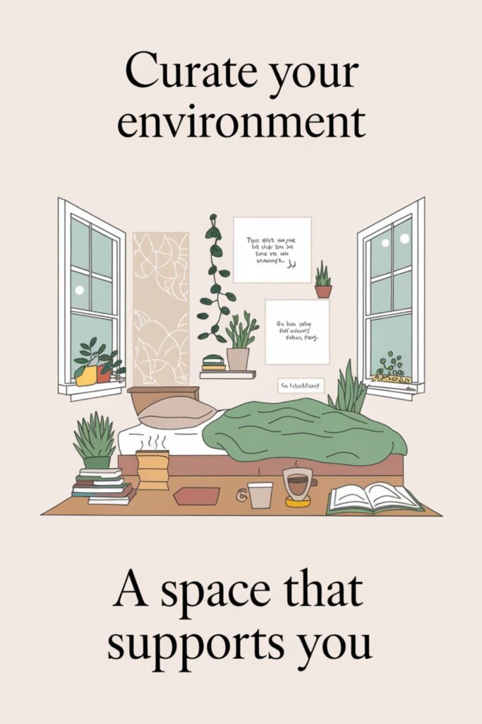 A cozy, tidy room with open windows, inspiring quotes, and a reading corner