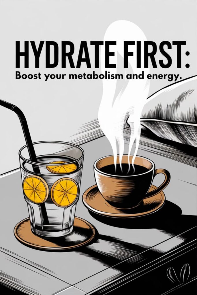 A glass of water with lemon beside a steaming cup of coffee