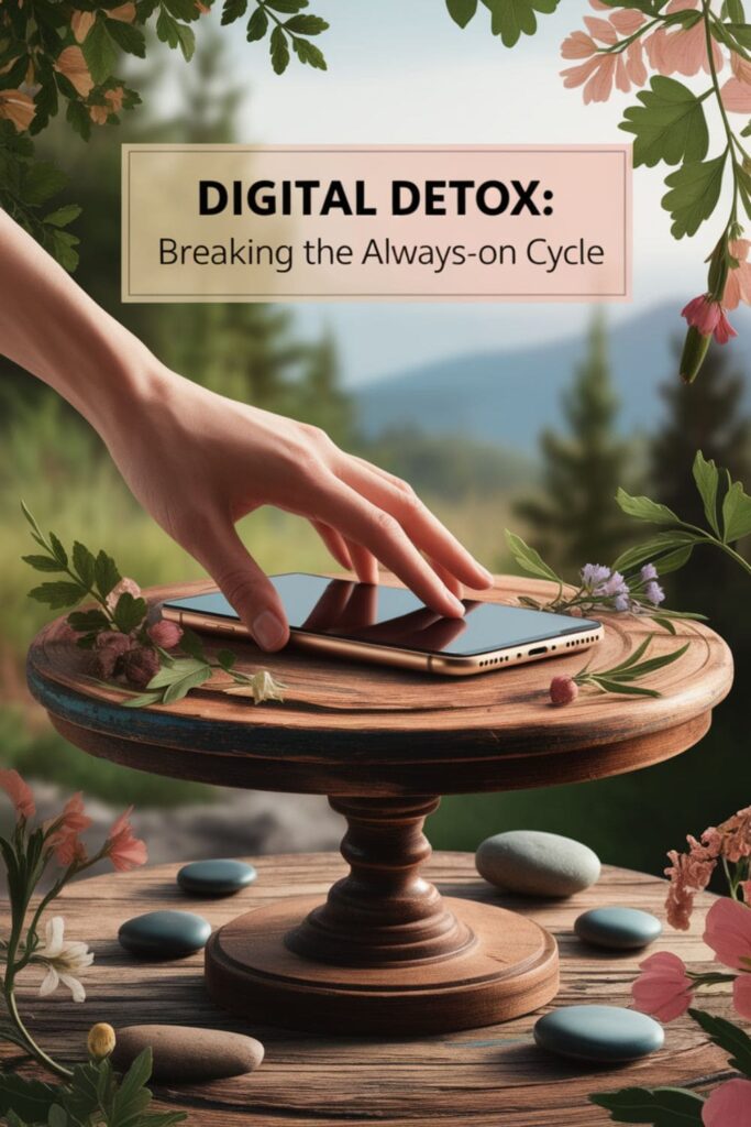 A hand placing a smartphone face down on a table with nature elements