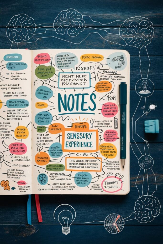 A journal surrounded by neural network connections and sensory symbols