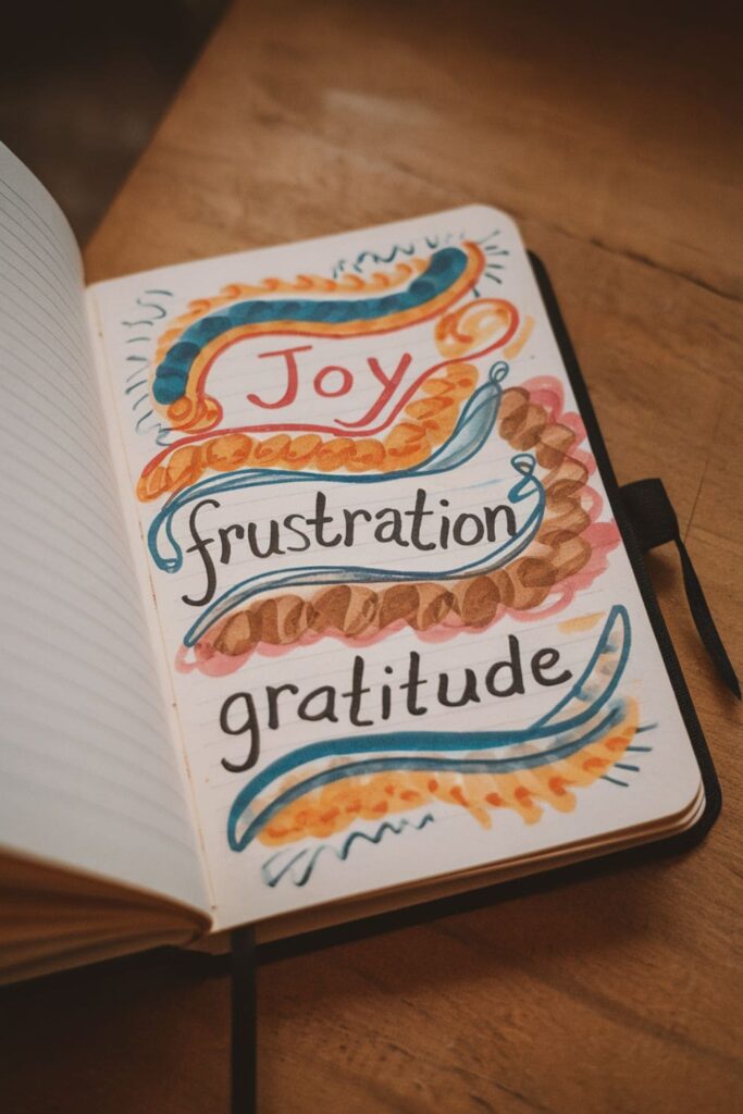 A journal with colorful words representing different emotions