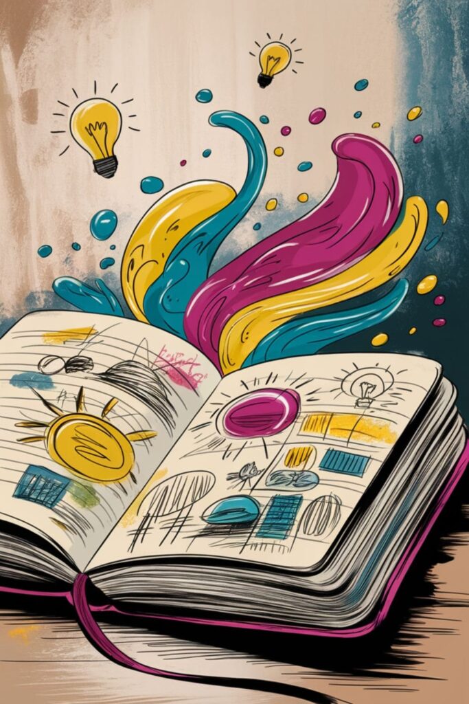 A journal with free-flowing sketches and vibrant colors
