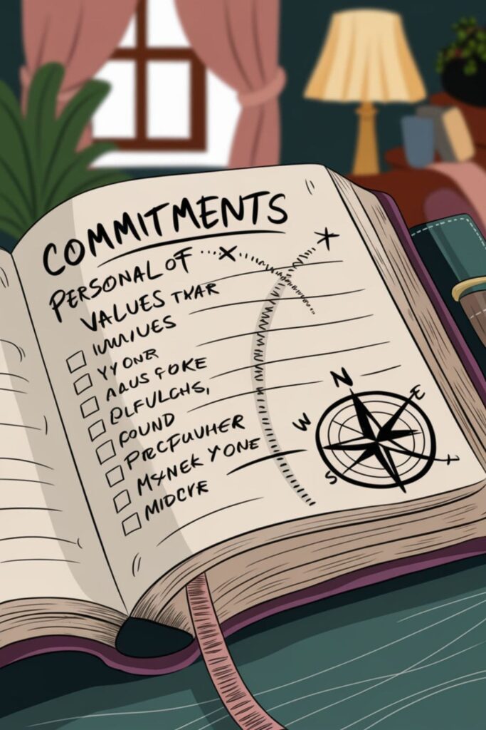 A journal with personal values and a compass symbolizing direction