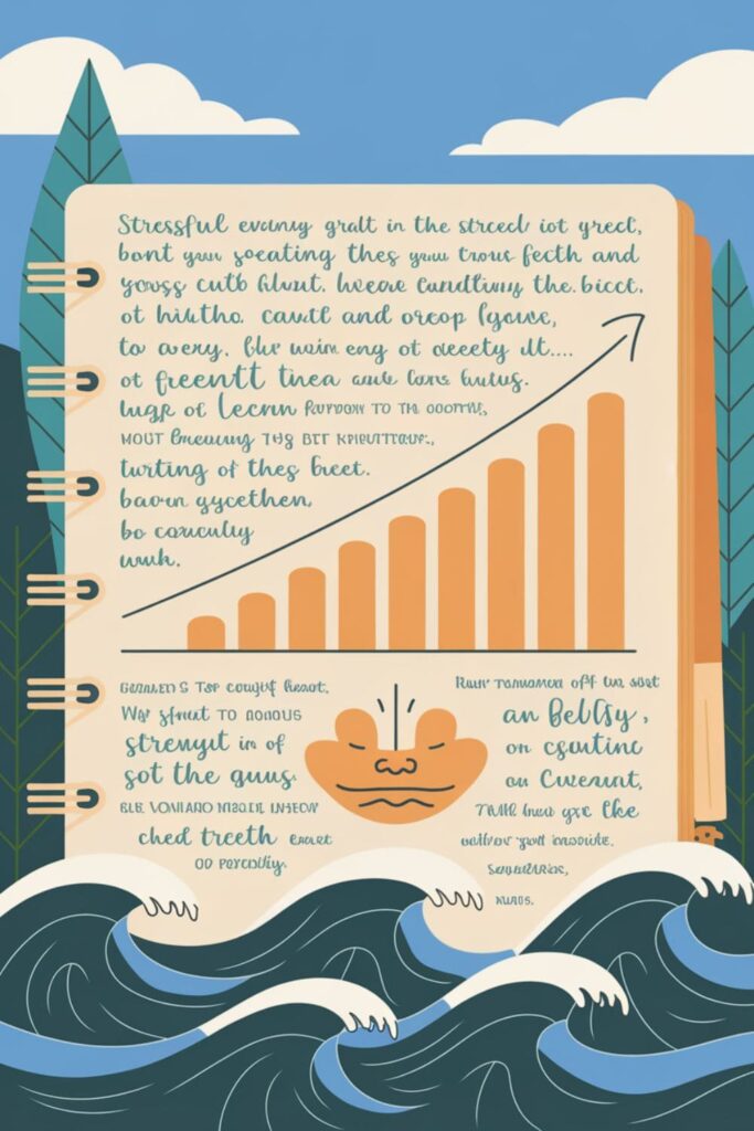A journal with words describing stress, calming into a peaceful scene