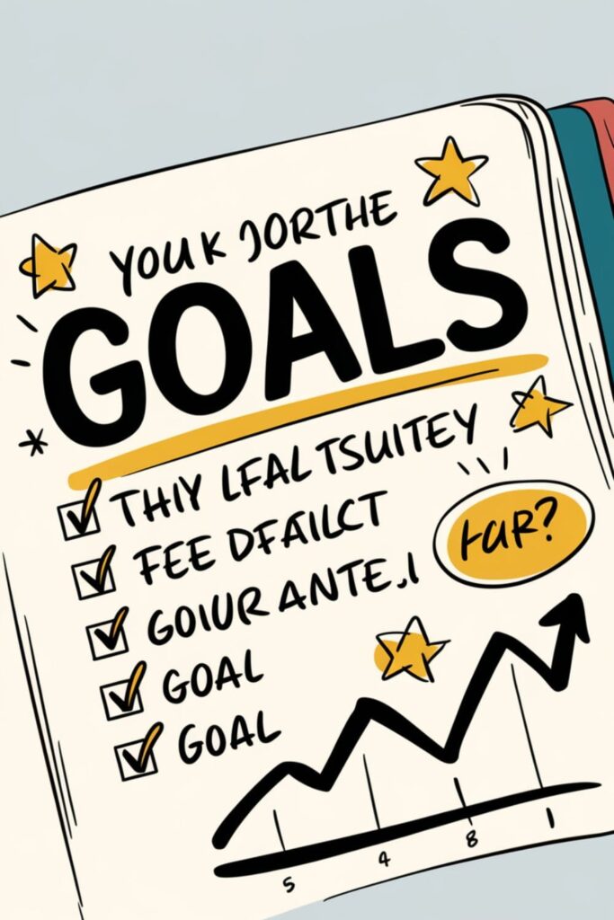A journal with written goals and progress symbols like checkmarks