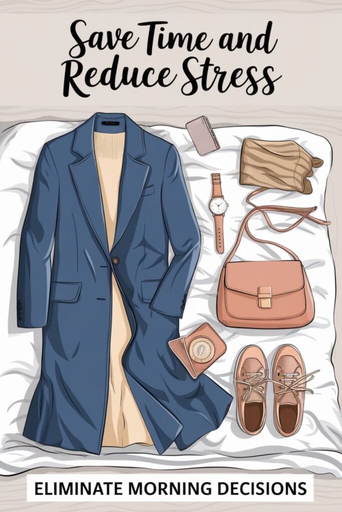 A neatly arranged outfit with accessories laid out on a bed