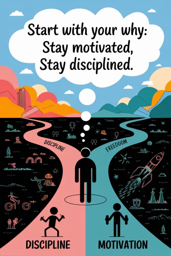 A person at a crossroads with paths labeled _Discipline_ and _Motivation,_ titled _Start with Your Why