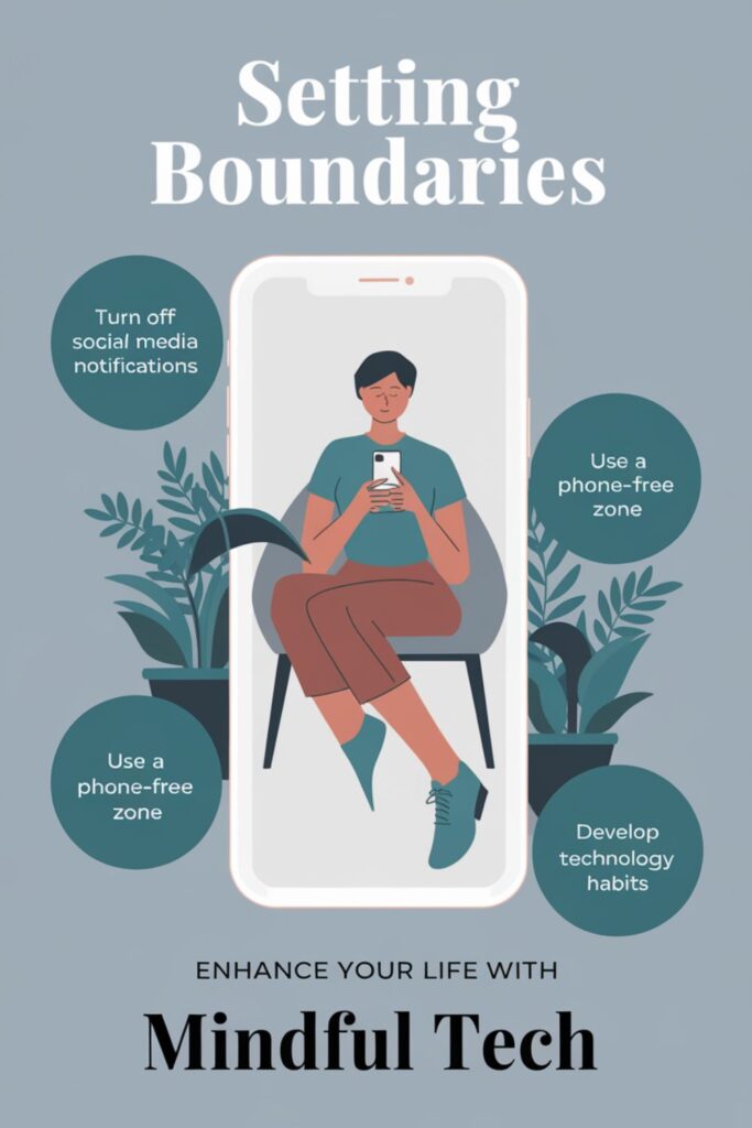 A person setting tech boundaries, with phone-free zones and mindful social media use