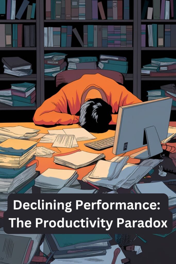 A person slumped over a messy desk or a sharply declining graph