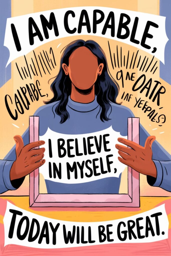 A person smiling while speaking affirmations into a mirror