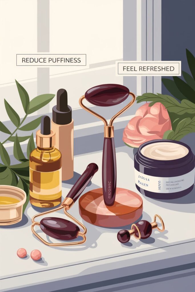 A person using a gua sha tool with skincare essentials on a vanity