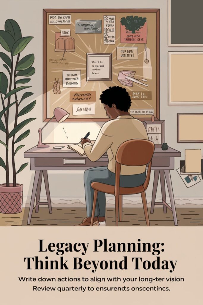 A person writing in a journal with a vision board and family photos nearby