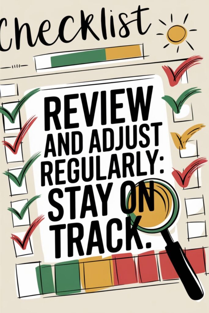 A planner with a checklist and progress bar, titled _Review and Adjust Regularly