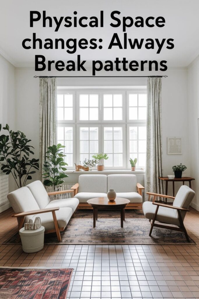 A room with rearranged furniture, a person working outdoors, or a garden path