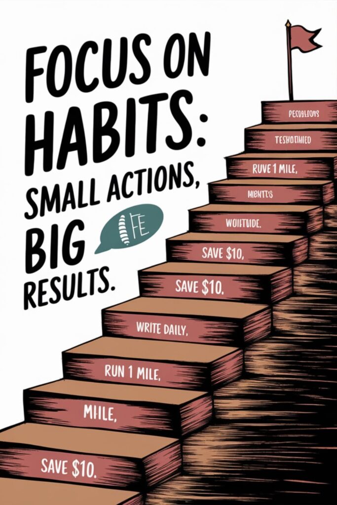 A staircase showing small steps labeled with habits, leading to a flag, titled _Focus on Habits