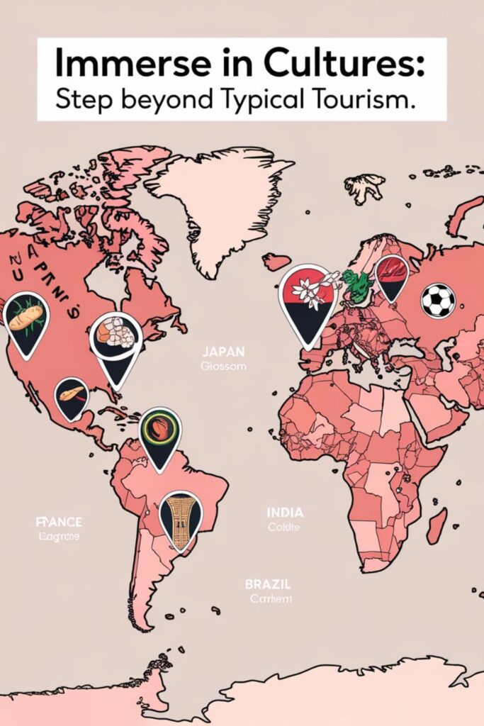 A world map with cultural icons like food and festivals