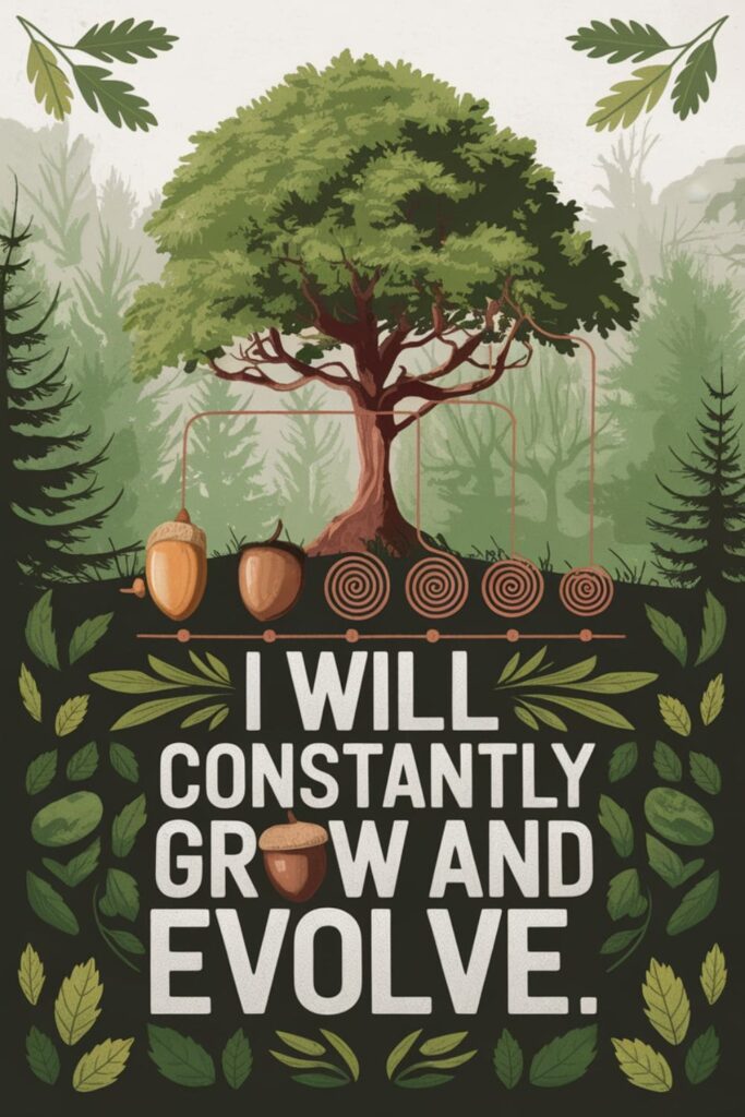 Acorn growing into a tree with text overlay about continuous growth