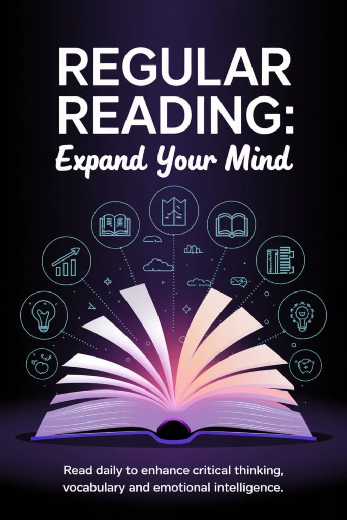 An open book with glowing pages and icons of growth and creativity around it