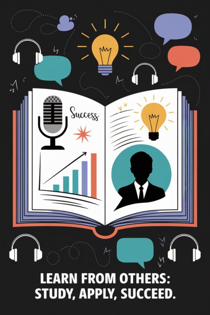 An open book with icons of a podcast mic, success graph, and light bulb, labeled _Learn from Others