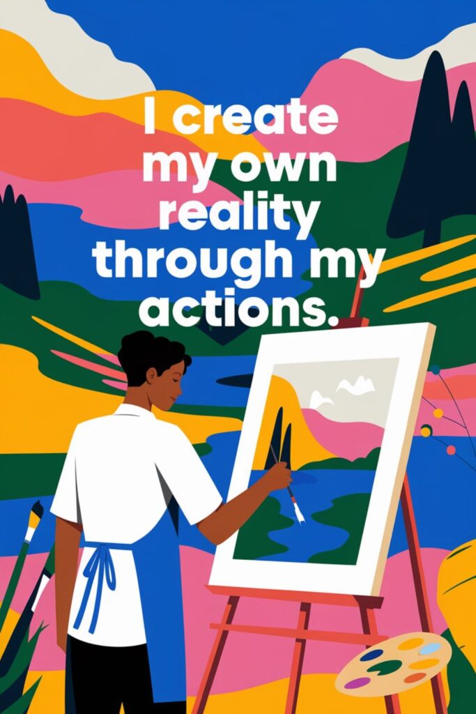 Artist painting a landscape with text overlay about shaping reality through actions