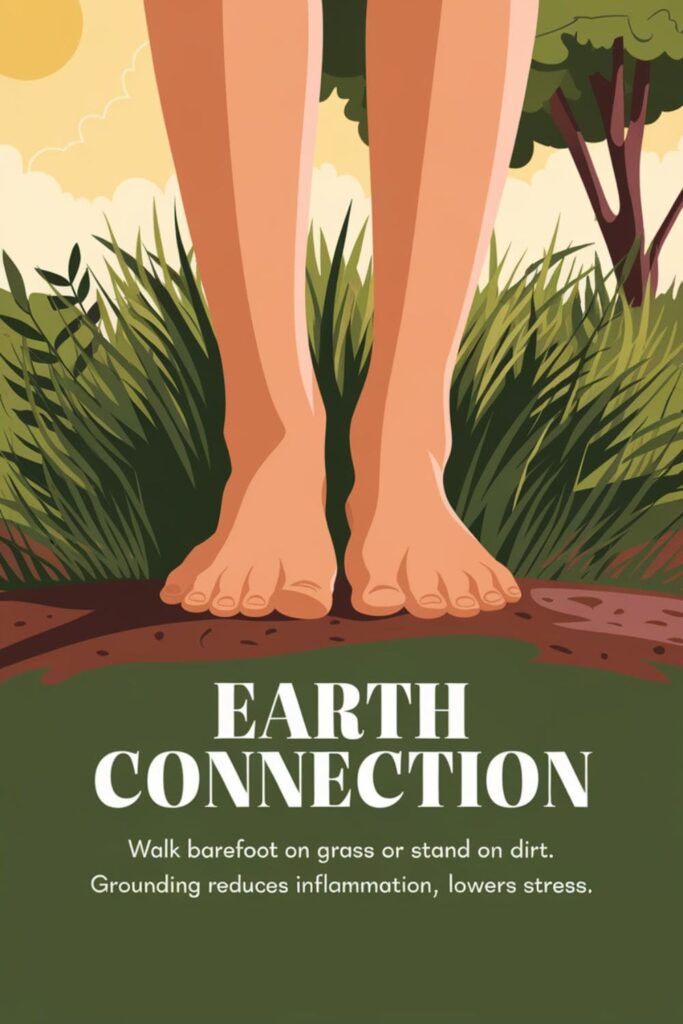 Bare feet standing on green grass with sunlight and trees in the background