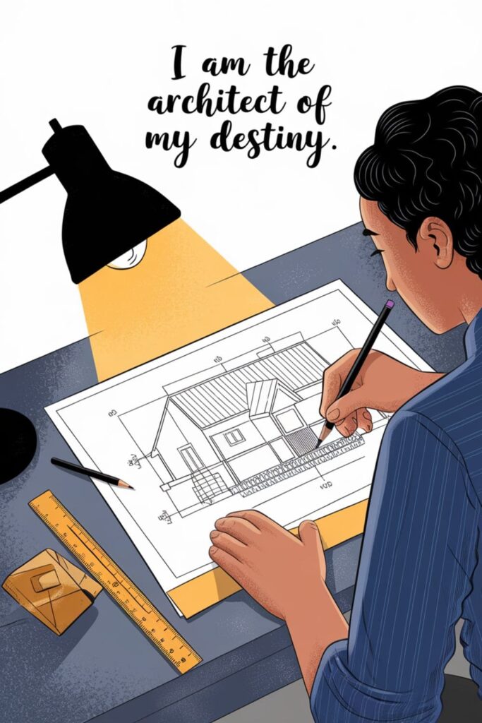 Blueprint and a person sketching a building with text overlay about designing your future