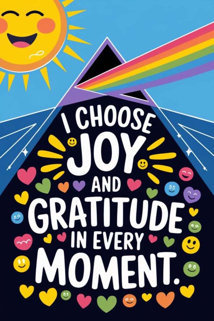 Bright sun and rainbow illustration with text overlay about choosing joy and gratitude