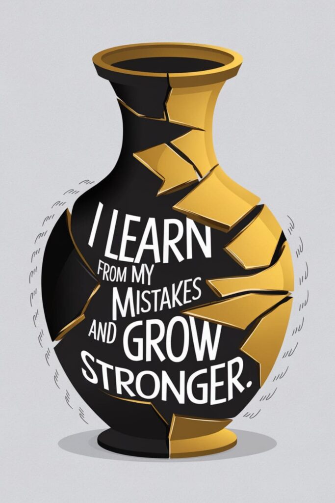 Broken vase repaired with gold with text overlay about learning from mistakes