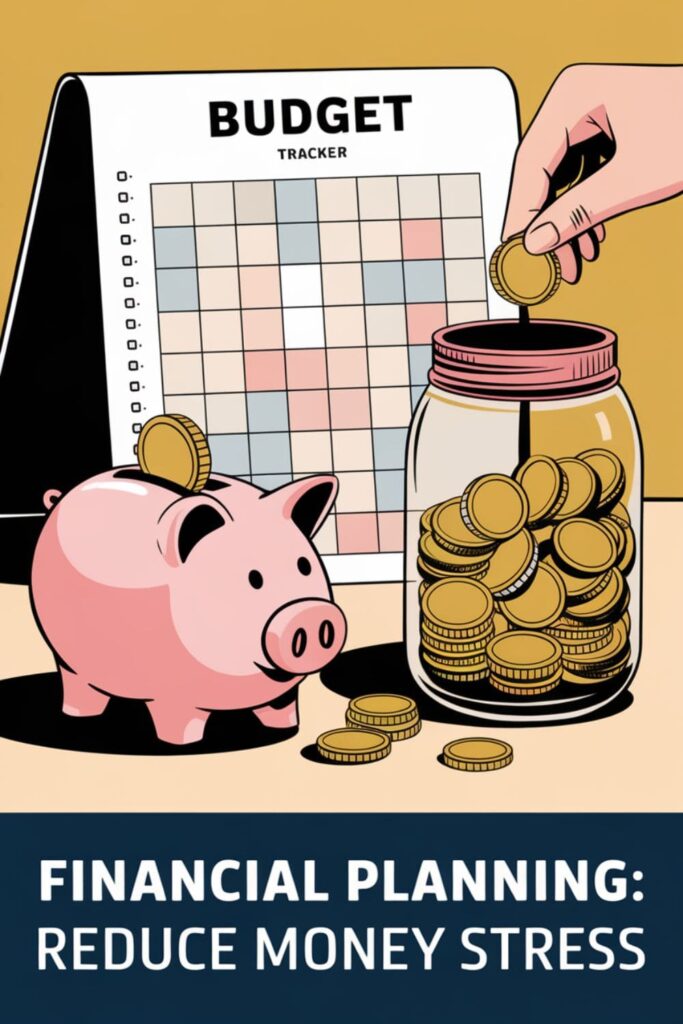 Budget tracker, piggy bank, and emergency fund jar with coins being saved