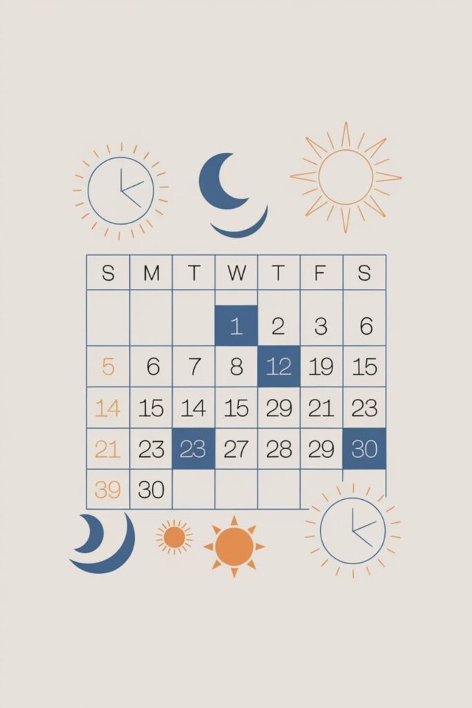 Calendar showing consistent bedtimes and wake-up times, even on weekends