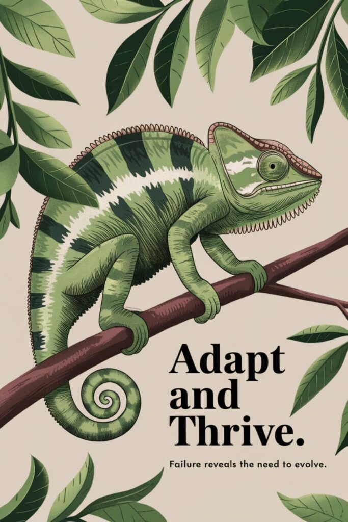 Chameleon on a branch with text 'Adapt and Thrive.'