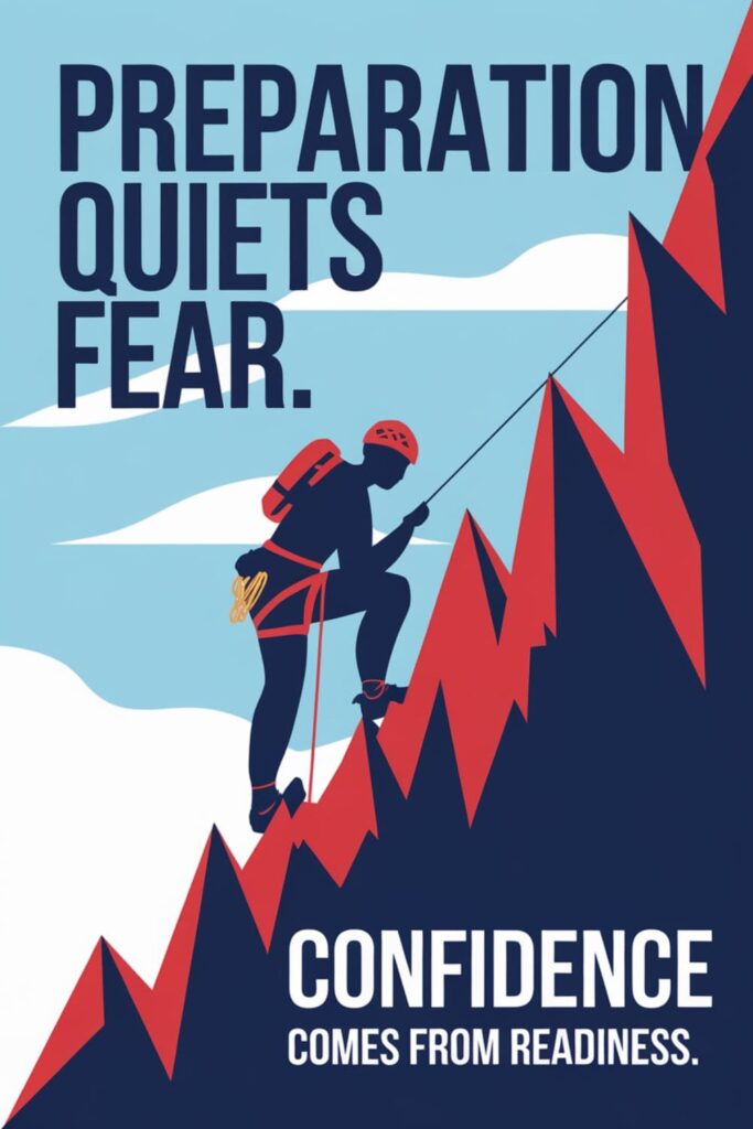 Climber scaling a mountain with safety gear and text 'Preparation Quiets Fear.'