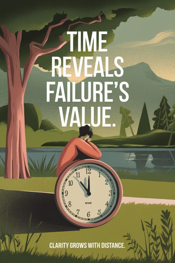 Clock and a person reflecting under a tree with text 'Time Reveals Failure's Value.'