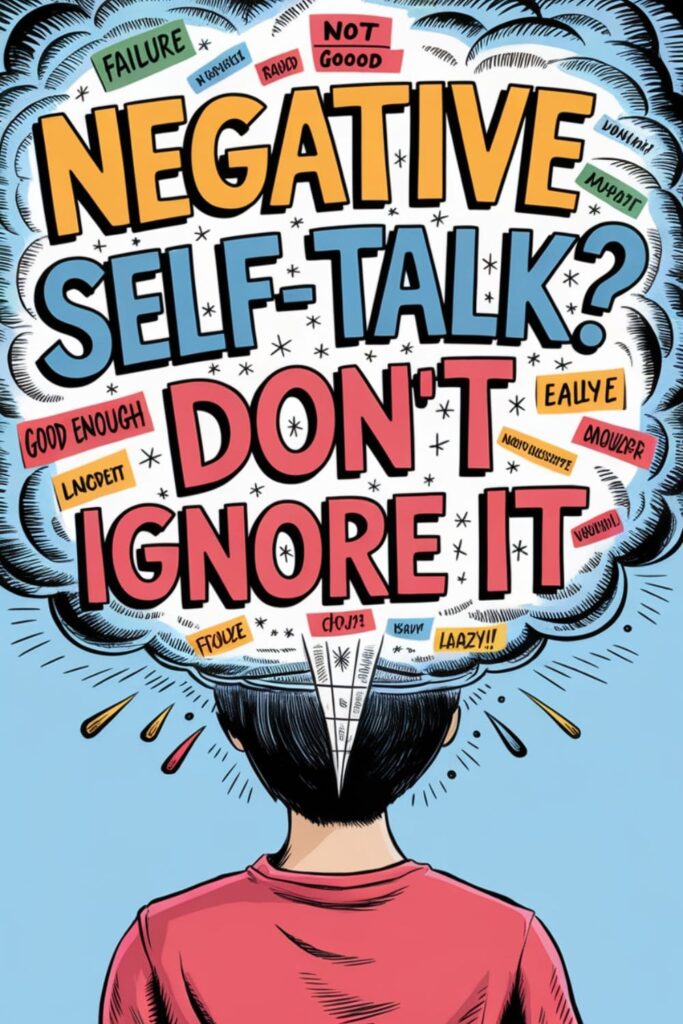 Cloud of negative words above a person's head, symbolizing harmful self-talk