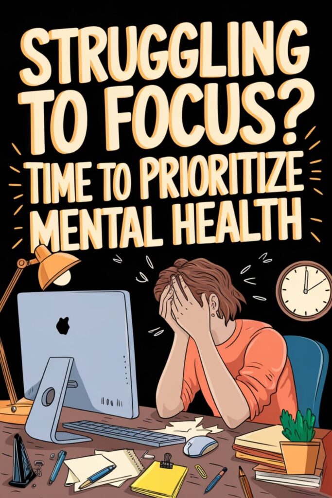 Cluttered desk and distracted person unable to focus, highlighting work-related mental health challenges