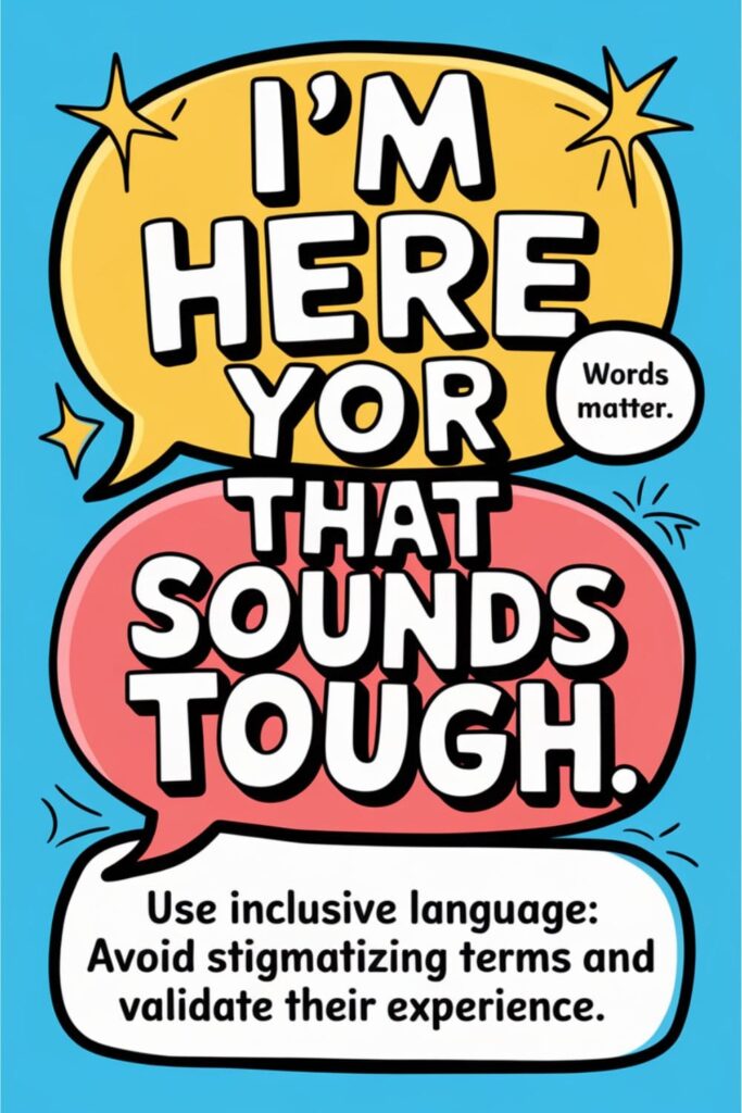 Conversation bubble with positive phrases, emphasizing the importance of inclusive and respectful language