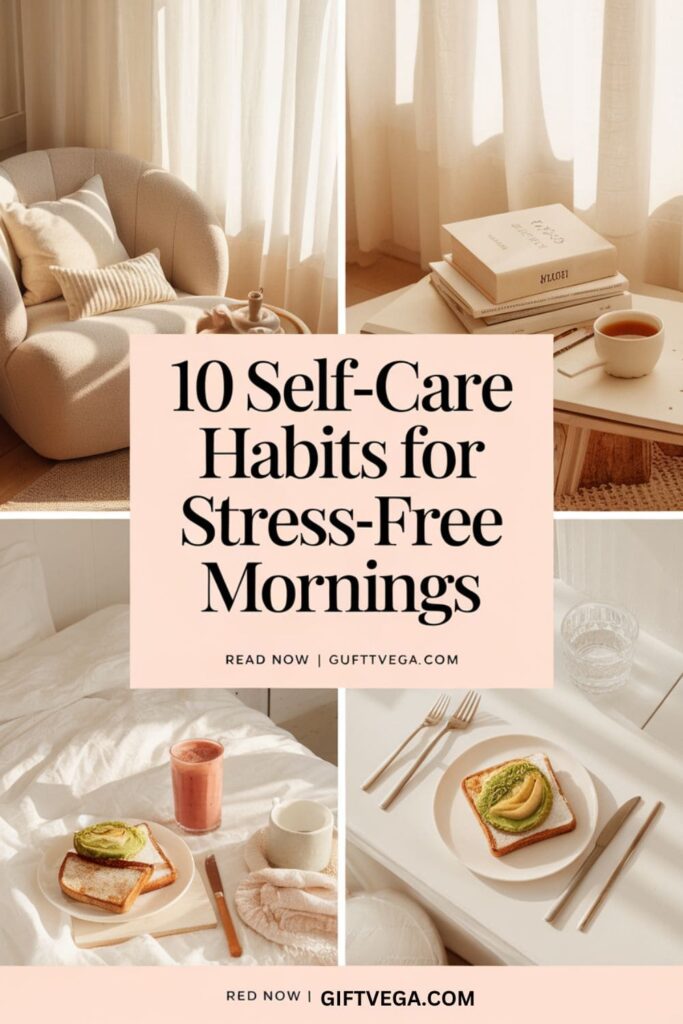 Cozy morning scene with books, tea, and breakfast, featuring a text overlay_ _10 Self-Care Habits for Stress-Free Mornings