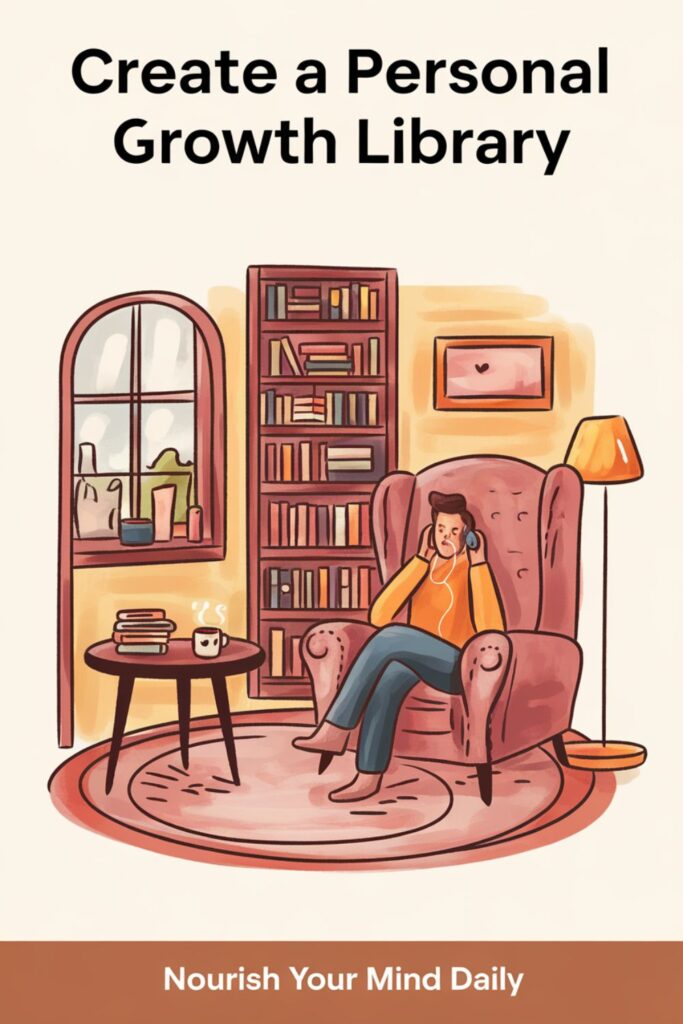 Cozy reading space with books, podcasts, and articles for personal growth