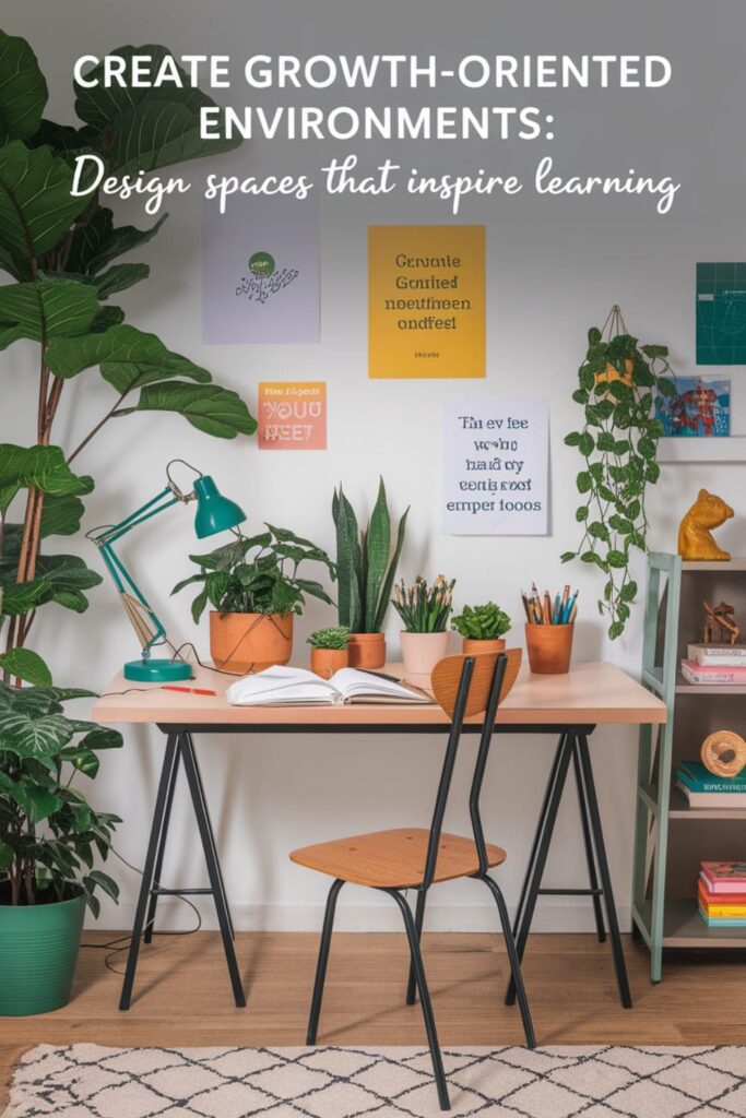 Creative workspace with books and plants for learning