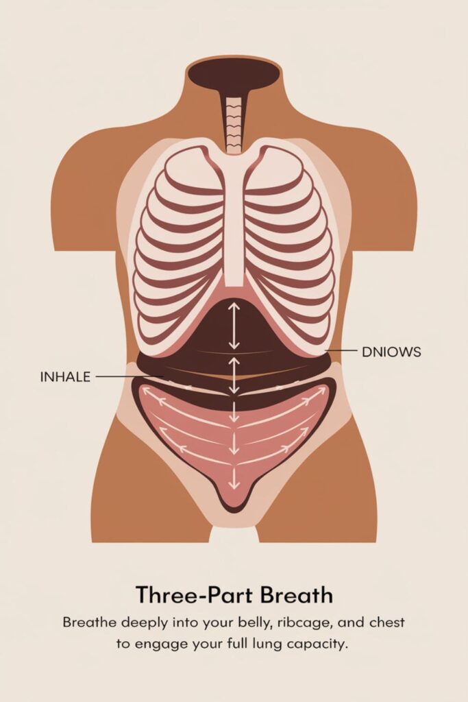 Diagram of torso with arrows showing breath flow through belly, ribcage, and chest
